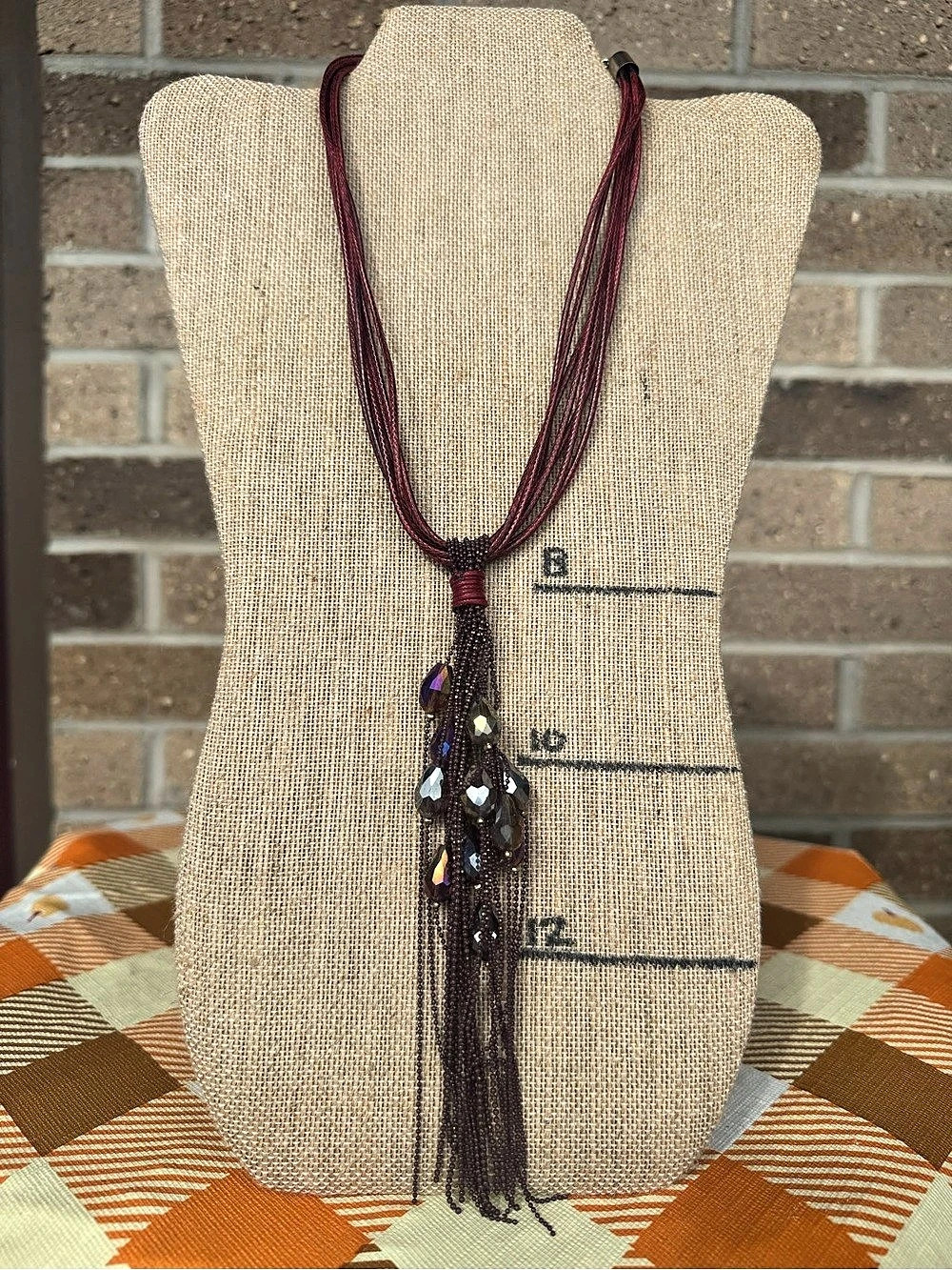Burgundy Multi-Cord Lariat Necklace with Faceted Crystal Tassel